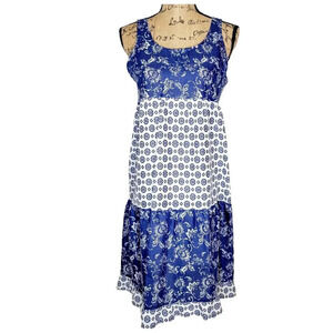 SAY BURY Women's Cotton Tiered Floral Mixed Print Tea Sun Dress Size Small Blue